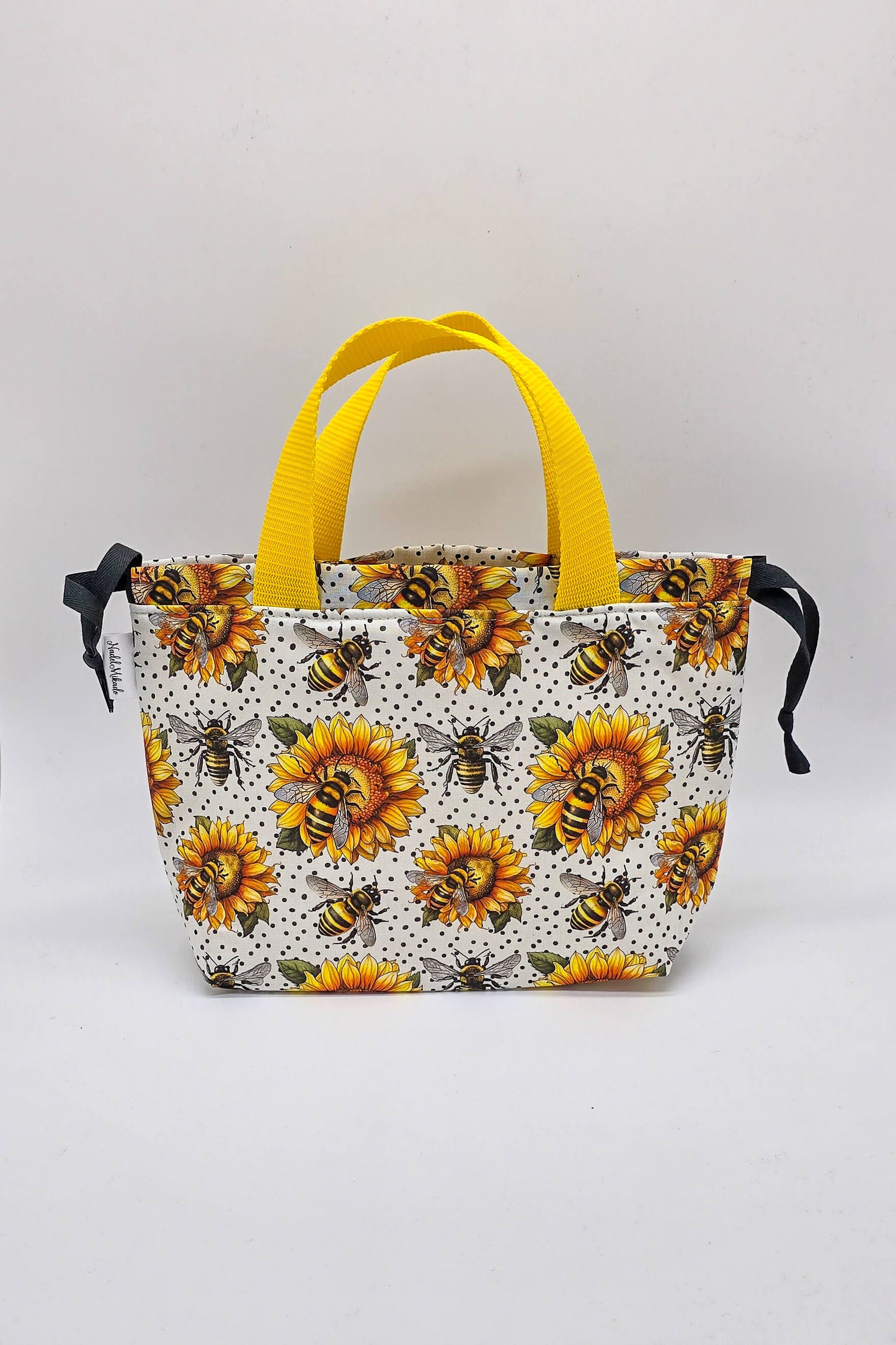 Stricktasche mit Sonnenblumen-Design – praktische Field Bag für Wolle, Nadeln und Zubehör beim Socken Stricken