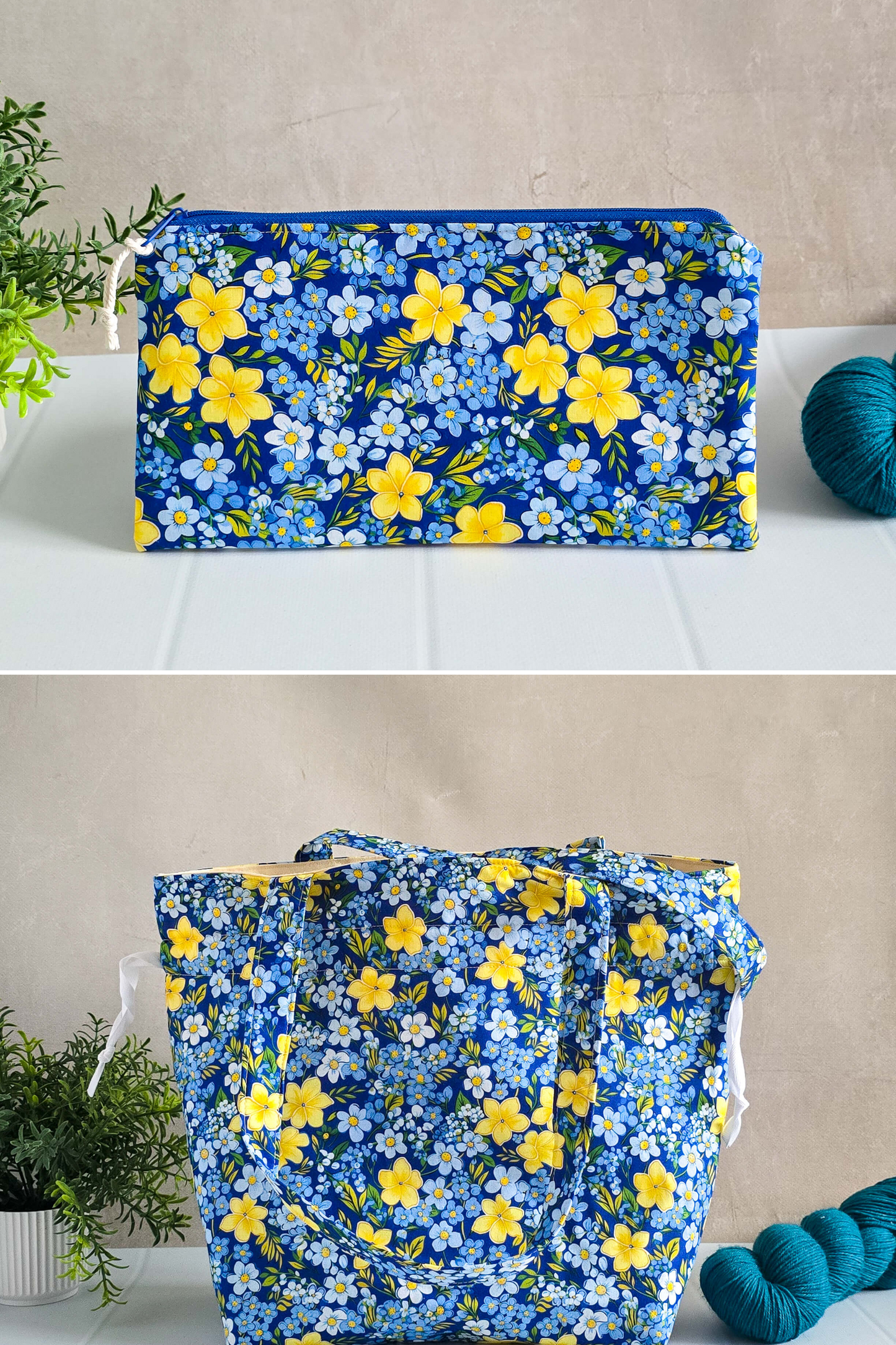 Stricktaschen-Set Kara & Runa – Blumenmuster | Projekttasche & Zubehör