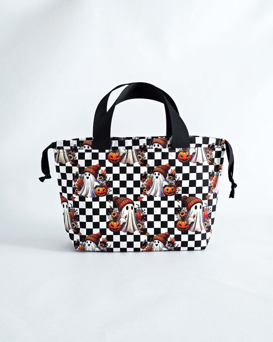 Alva Bag Ghost & Pumpkin, handgenähte Projekttasche für Strickprojekte im Halloween-Design, Nadelmikado, Handmade in Germany