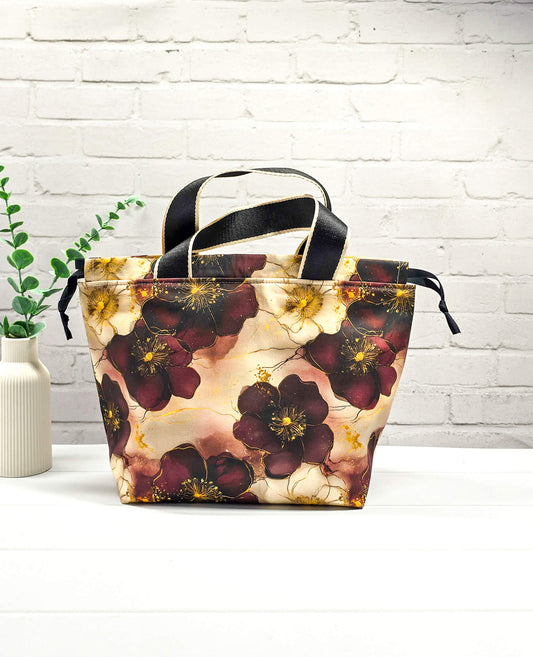 Projekttasche Alva M braun floral handgenäht Bayern von Nadelmikado