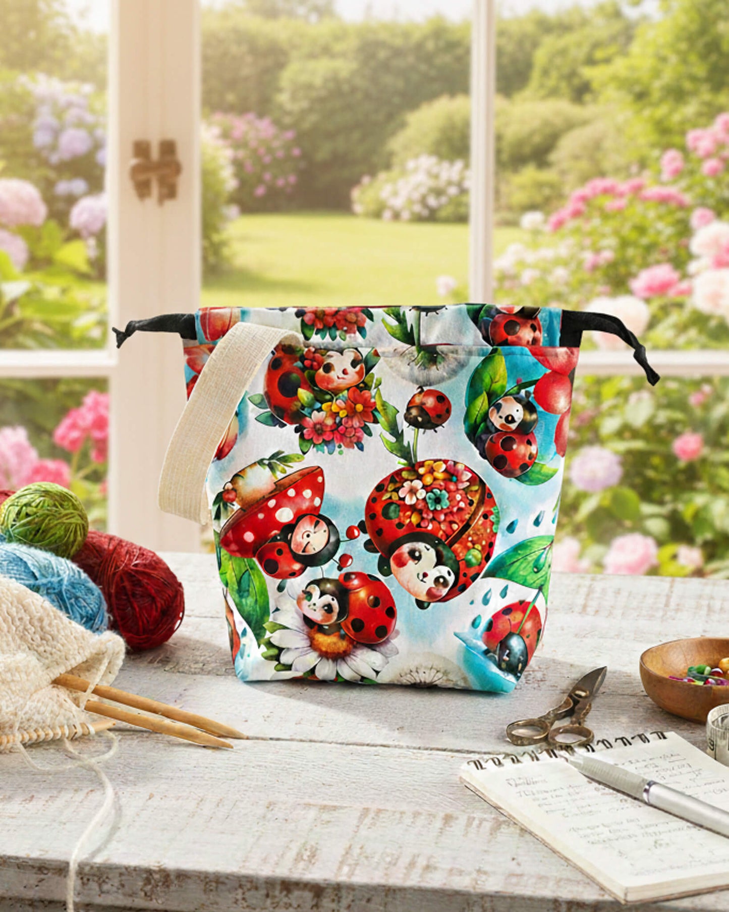 Stricktasche mit Marienkäfer- und Blumenmotiv für kleine Projekte - handgenäht in bayern von Nadelmikado