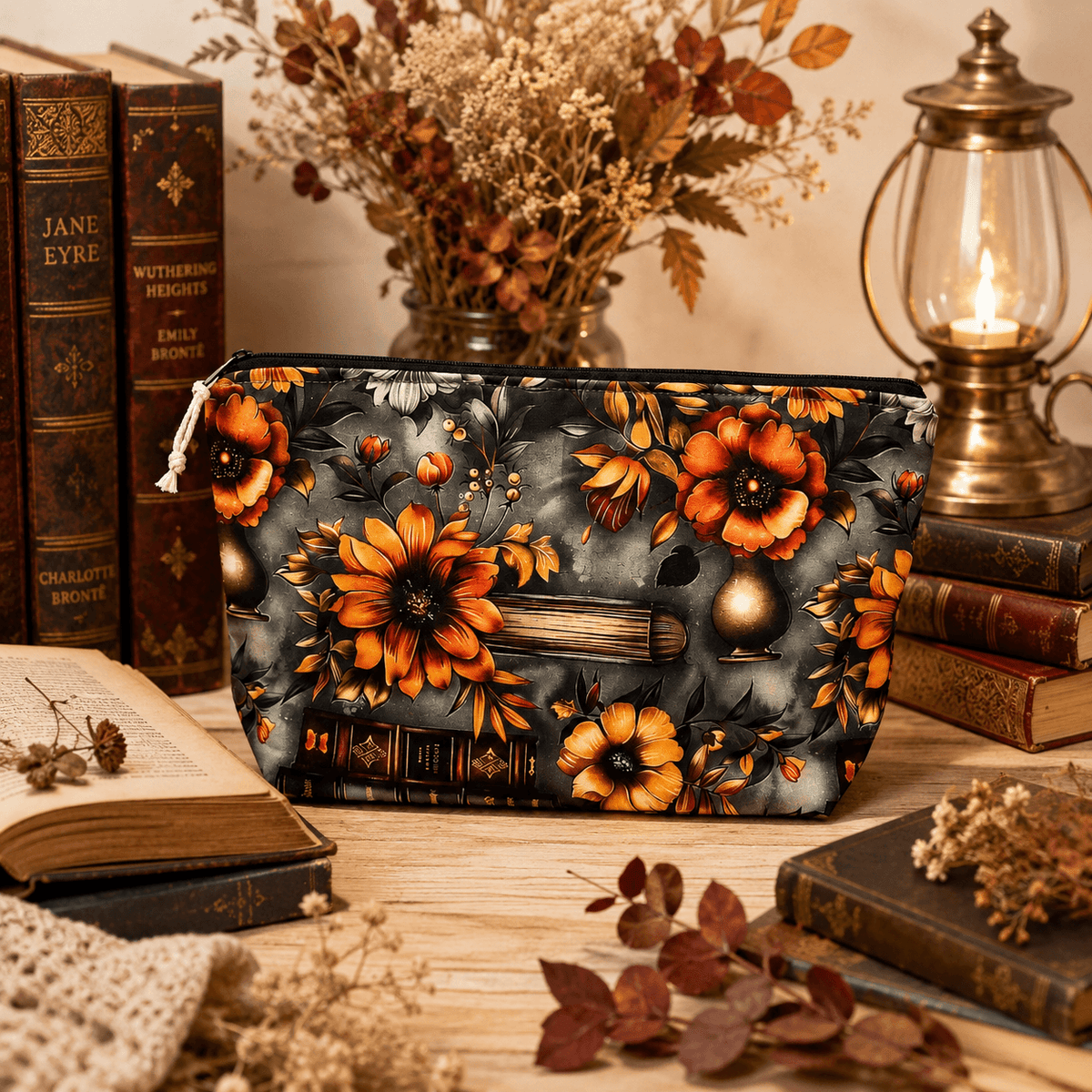 Projekttasche mit Büchern und herbstlichen Blumen – Literarischer Herbst Kollektion