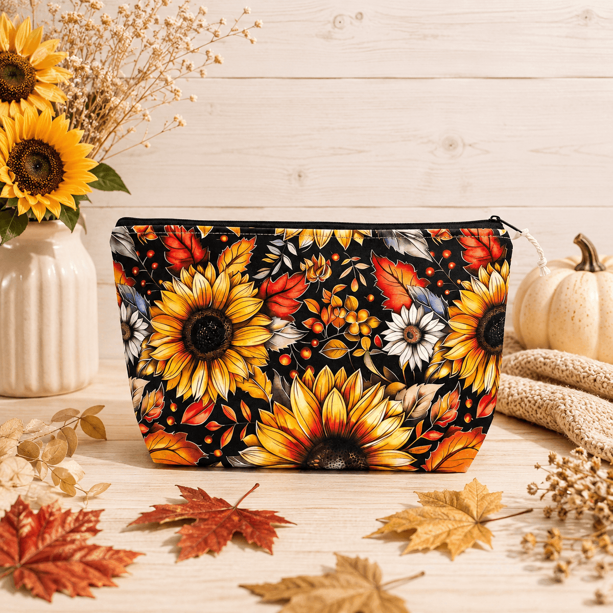 Projekttasche mit Sonnenblumen und Herbstlaub – Autumn Sunflowers Kollektion