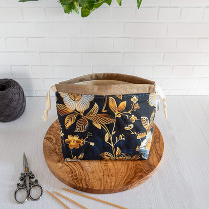 Projektbeutel Größe S | Kinchaku Beutel | Motiv: Goldene Blumen