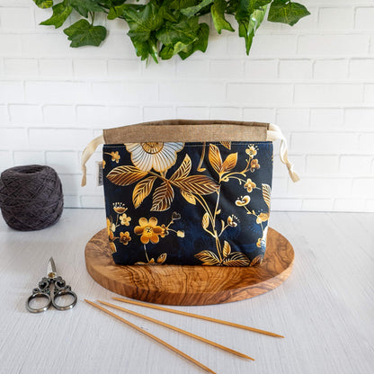 Projektbeutel Größe S | Kinchaku Beutel | Motiv: Goldene Blumen