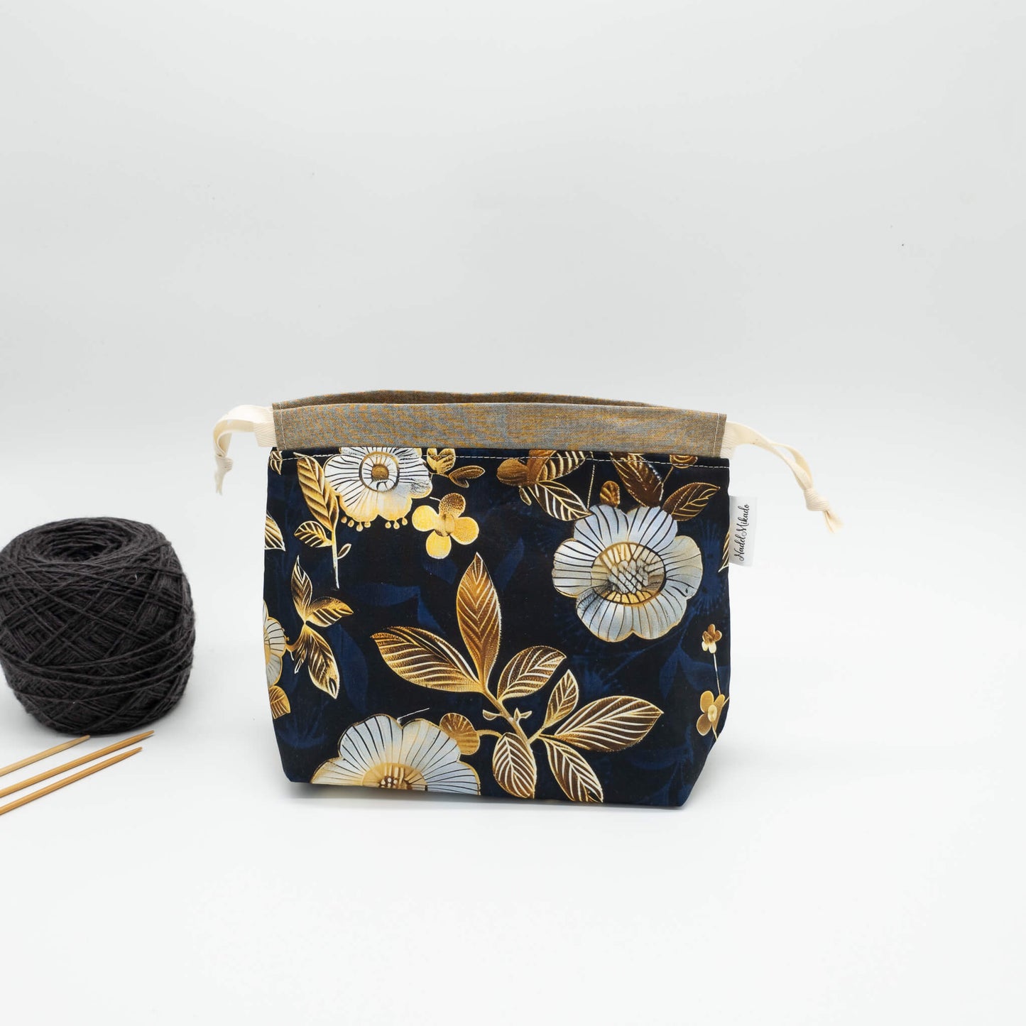 Projektbeutel Größe S | Kinchaku Beutel | Motiv: Goldene Blumen