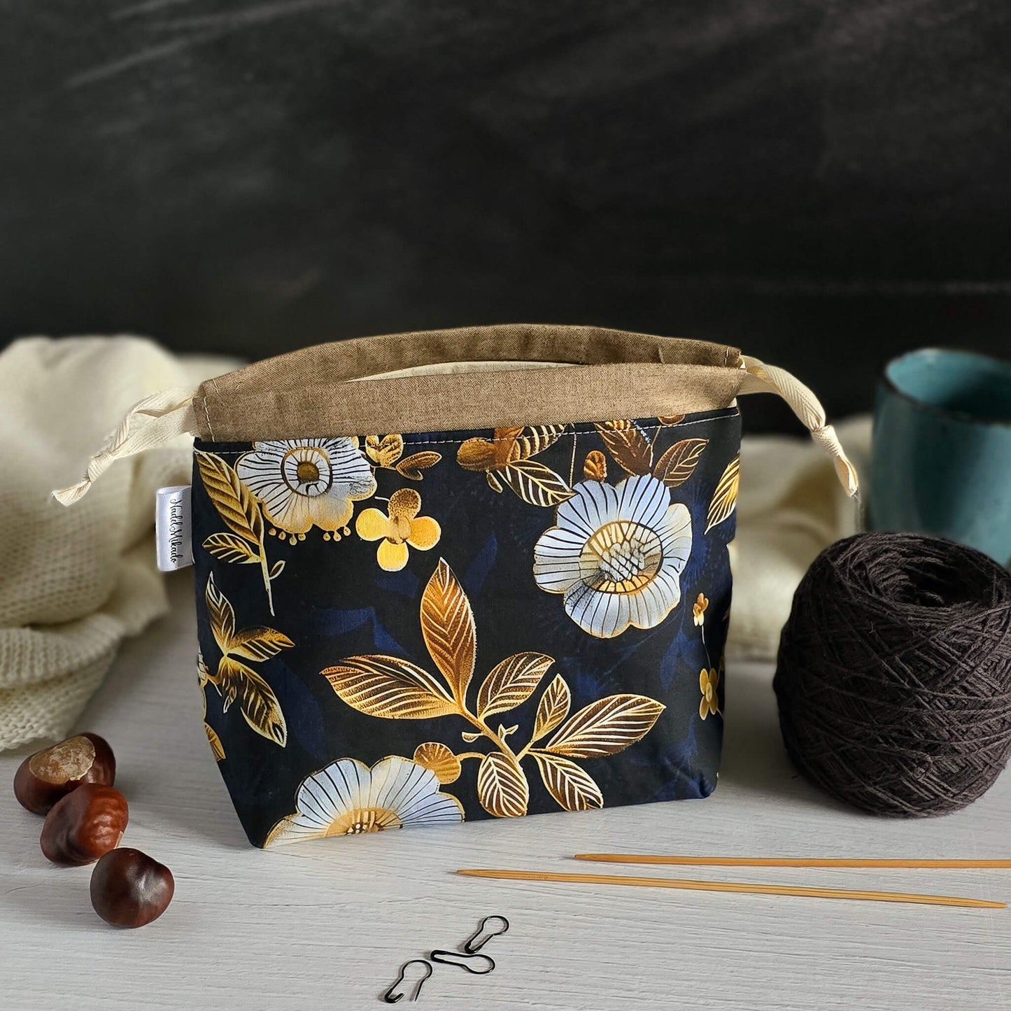 Projektbeutel Größe S | Kinchaku Beutel | Motiv: Goldene Blumen