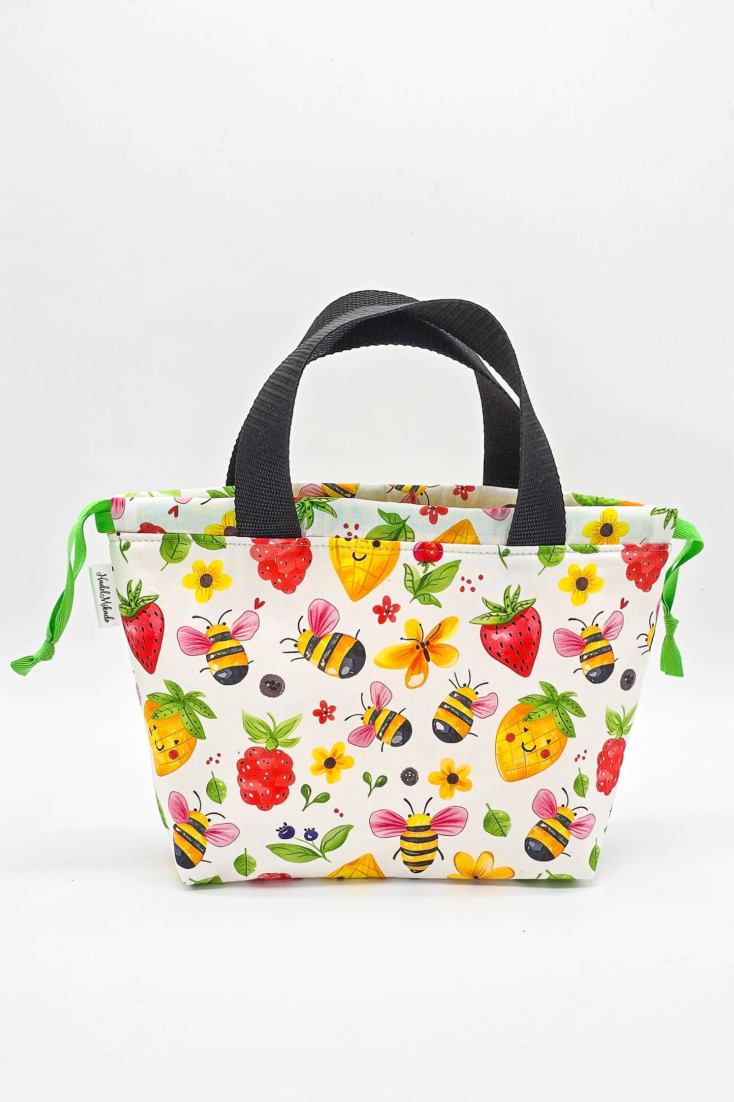 Bunte Field Bag mit Bienen, Blumen und Früchten, praktische Stricktasche mit sicherem Kordelzugverschluss