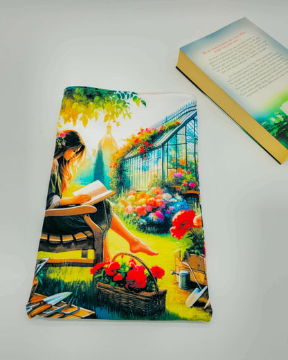 Detailaufnahme: florale Buchhülle mit kräftigen Farben