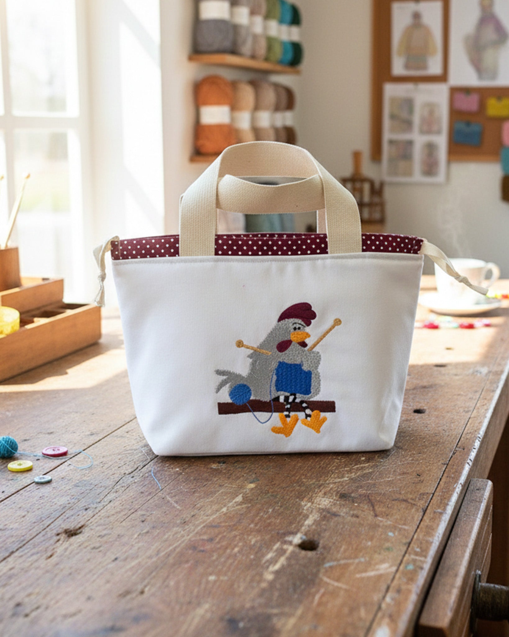 Projekttasche Alva S mit gesticktem Strickhuhn, handgenäht in Bayern von Nadelmikado