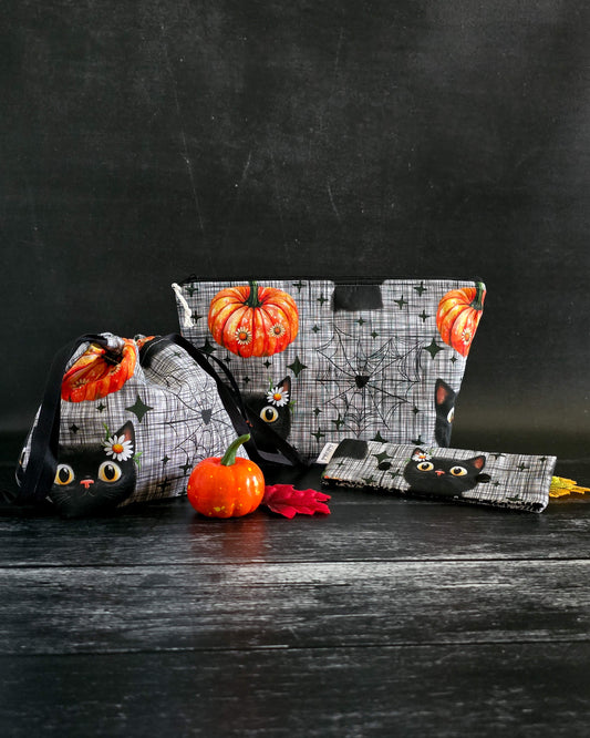 Projekttasche Black Cat & Pumpkin – Katze, Kürbis & Spinnennetz