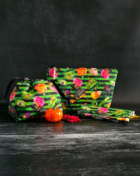 Halloween Projekttaschen – Grüne Streifen mit gruseligen Süßigkeiten & Motiven