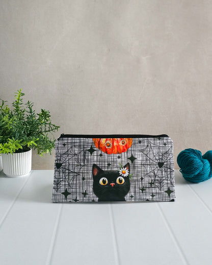 Projekttasche Black Cat & Pumpkin – Katze, Kürbis & Spinnennetz