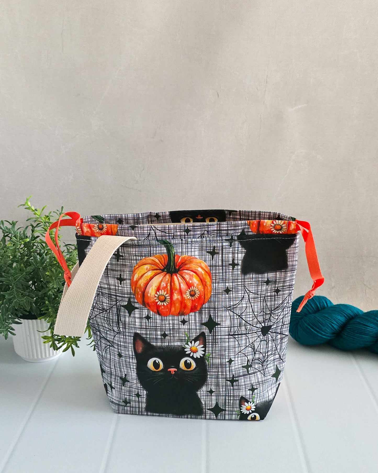 Projekttasche Black Cat & Pumpkin – Katze, Kürbis & Spinnennetz