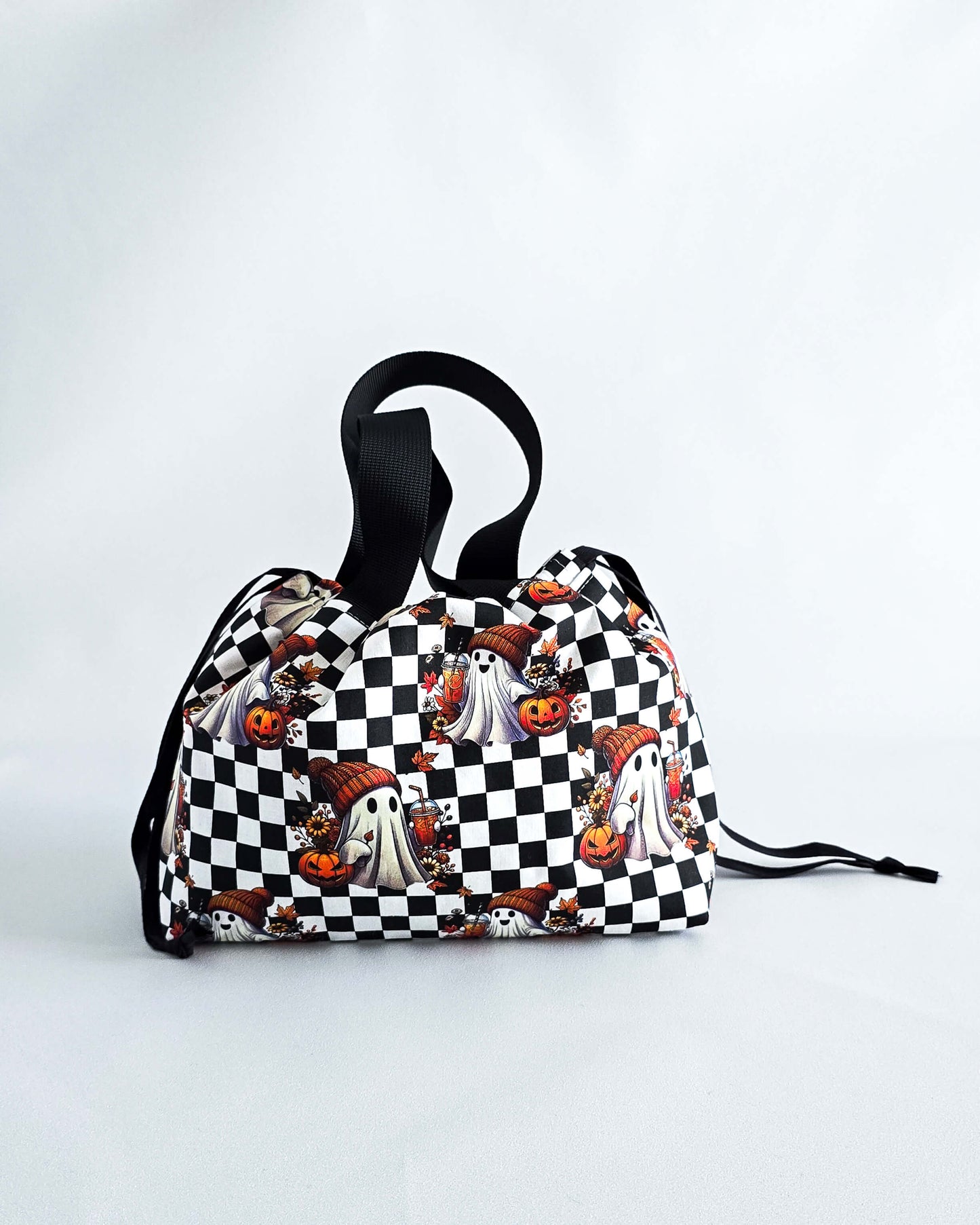 Alva Bag Ghost & Pumpkin, handgenähte Projekttasche für Strickprojekte im Halloween-Design, Nadelmikado, Handmade in Germany