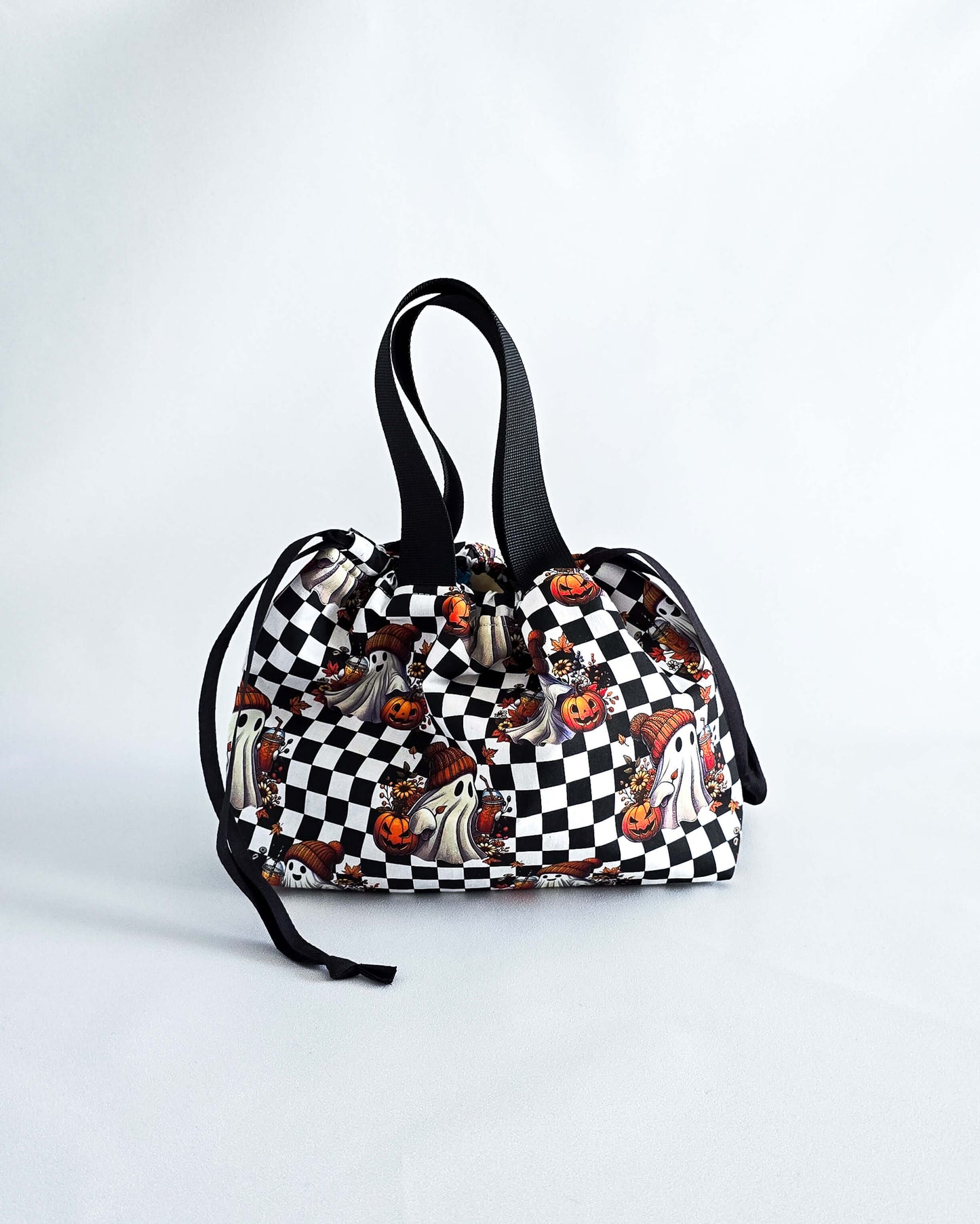 Alva Bag Ghost & Pumpkin, handgenähte Projekttasche für Strickprojekte im Halloween-Design, Nadelmikado, Handmade in Germany