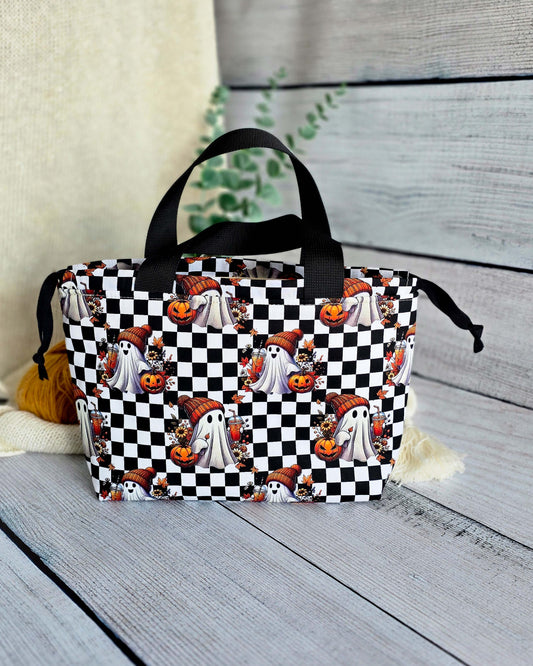 Alva Bag Ghost & Pumpkin, handgenähte Projekttasche für Strickprojekte im Halloween-Design, Nadelmikado, Handmade in Germany
