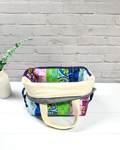 Alva M Projekttasche Patchwork Stoffstreifen Nadelmikado- handgenäht in Bayern