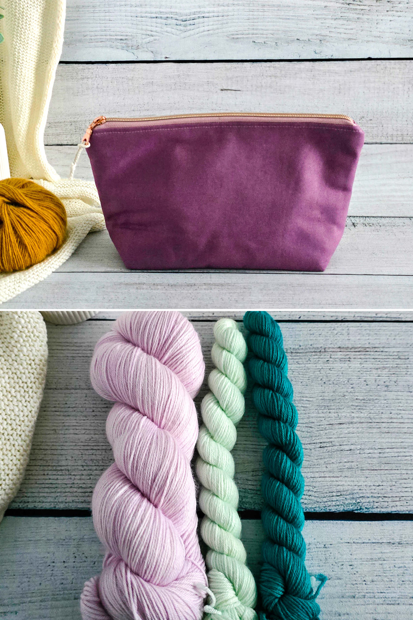 Isvind Projekttasche Canvas Beere mit Supersock Set in Flieder, Mint und Petrol – handgenäht in Bayern.