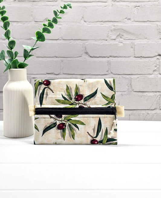 Mini Zip Pouch Olivenzweig Stoff handgenäht in Bayern von Nadelmikado