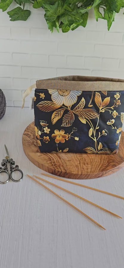 Projektbeutel Größe S | Kinchaku Beutel | Motiv: Goldene Blumen