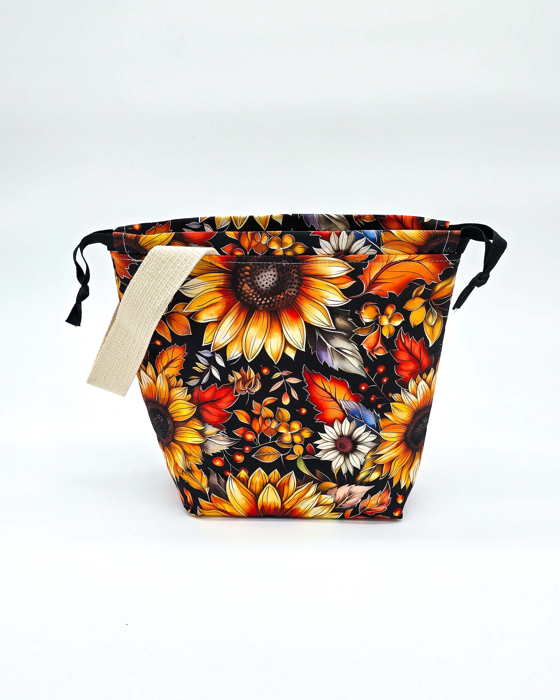 Projektbeutel Autumn Sunflower – mit Kordelzug und Henkel, handgenäht in Bayern von Nadelmikado