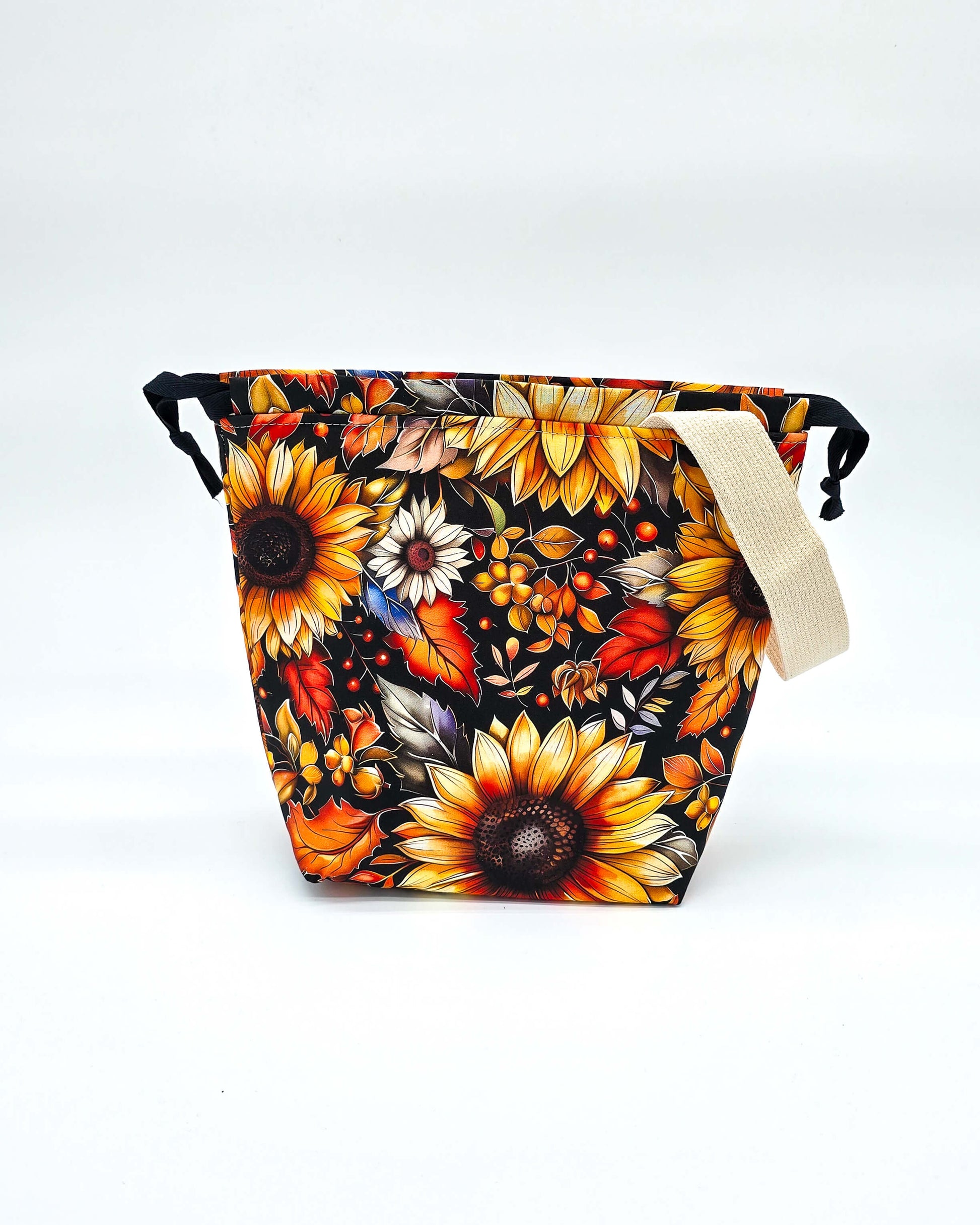 Projektbeutel Autumn Sunflower – mit Kordelzug und Henkel, handgenäht in Bayern von Nadelmikado