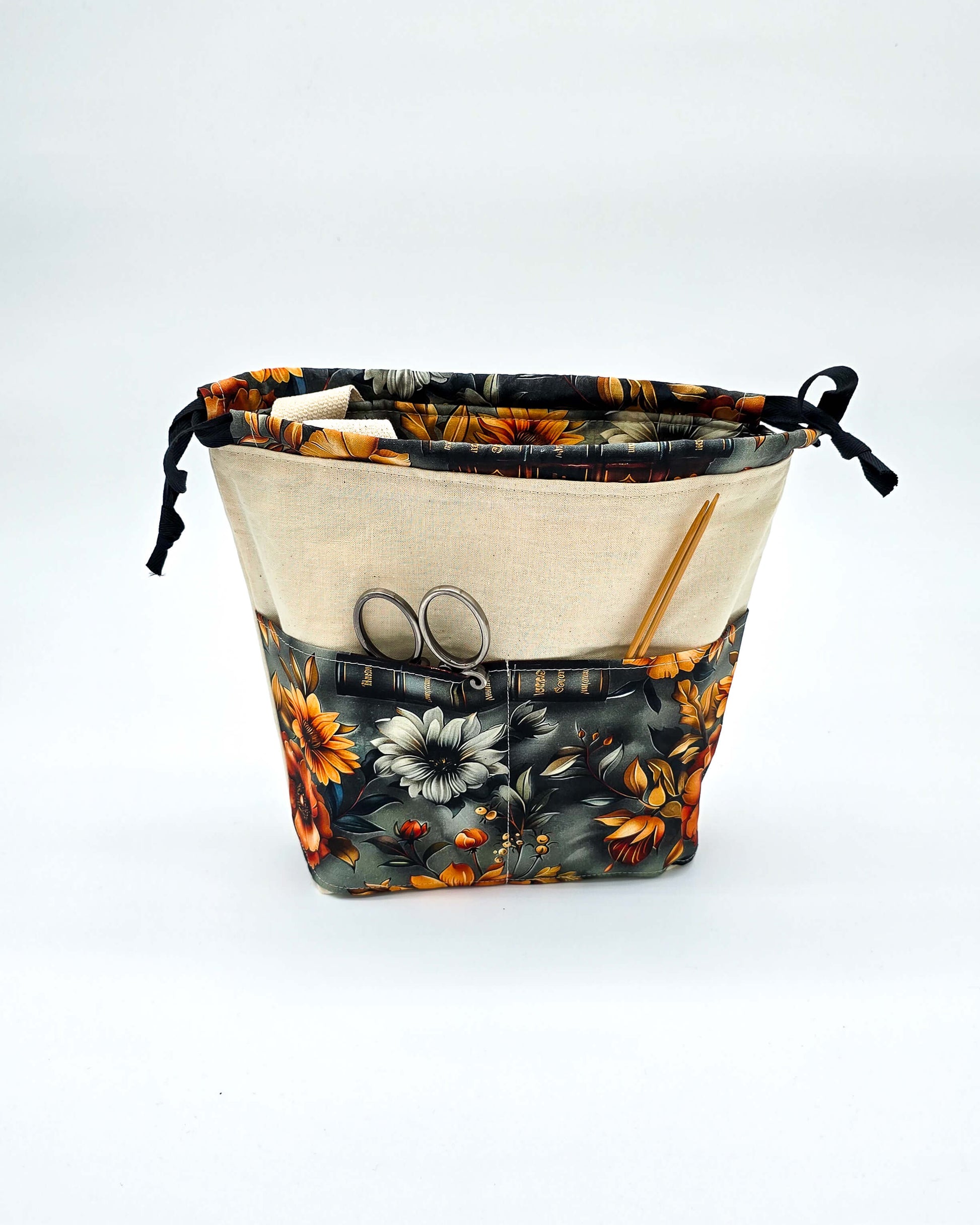 Projektbeutel Golden Bouquet – mit Kordelzug und Henkel, handgenäht in Bayern von Nadelmikado