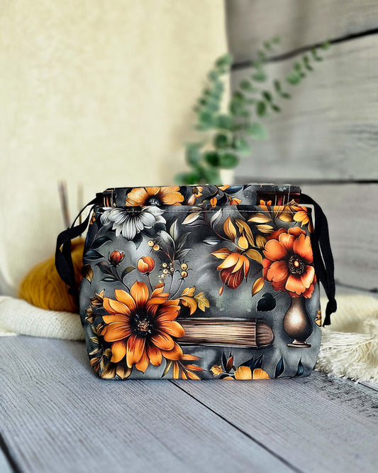Lyra Projekttasche für Sockenprojekte, Herbstblumen-Design Made in Germany