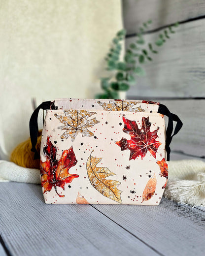 Projektbeutel Lyra im Blätter-Design, herbstliche Farben, Handarbeit Deutschland