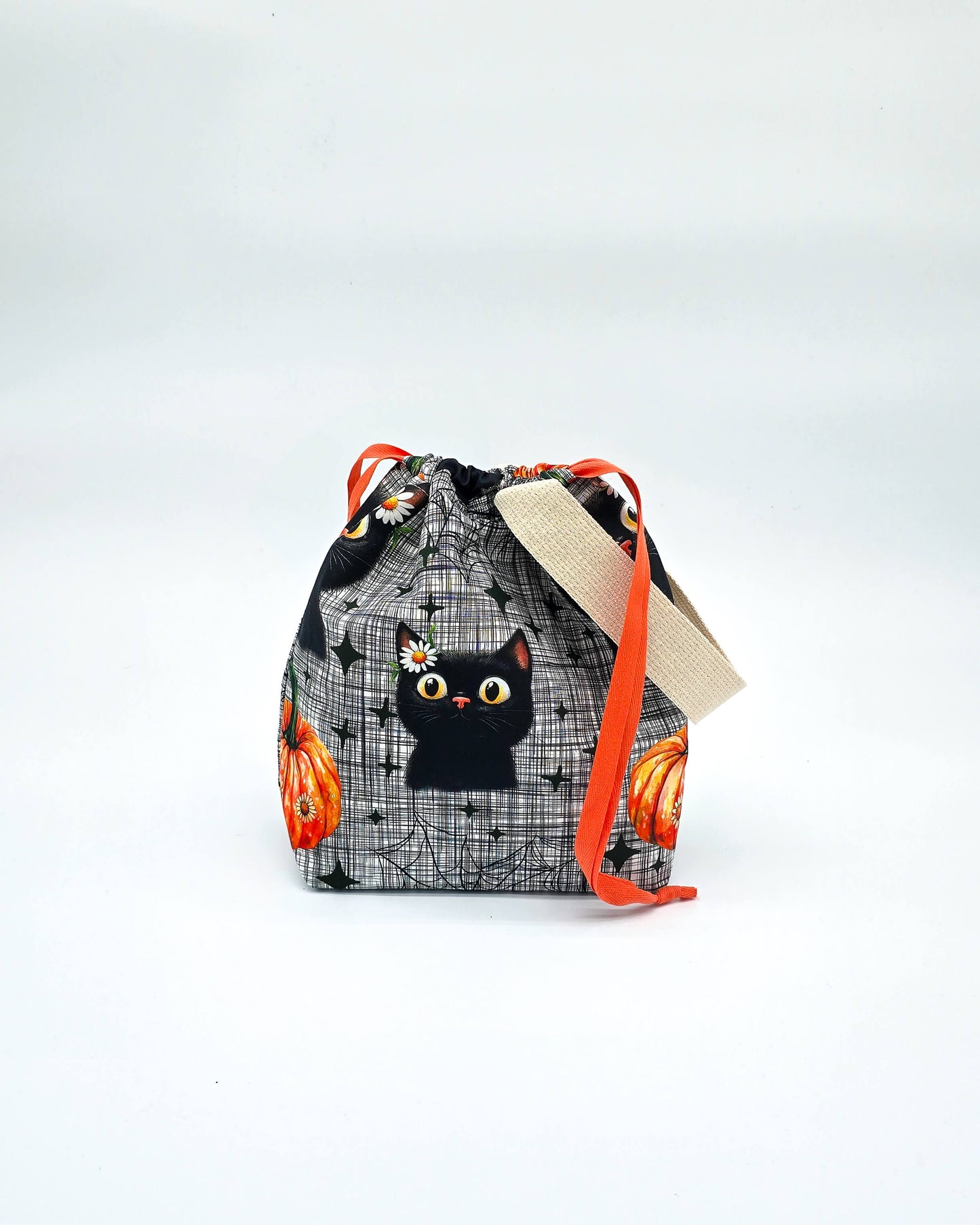 Projektbeutel Pumpkin Cat – mit Kordelzug und Henkel, handgenäht in Bayern von Nadelmikado