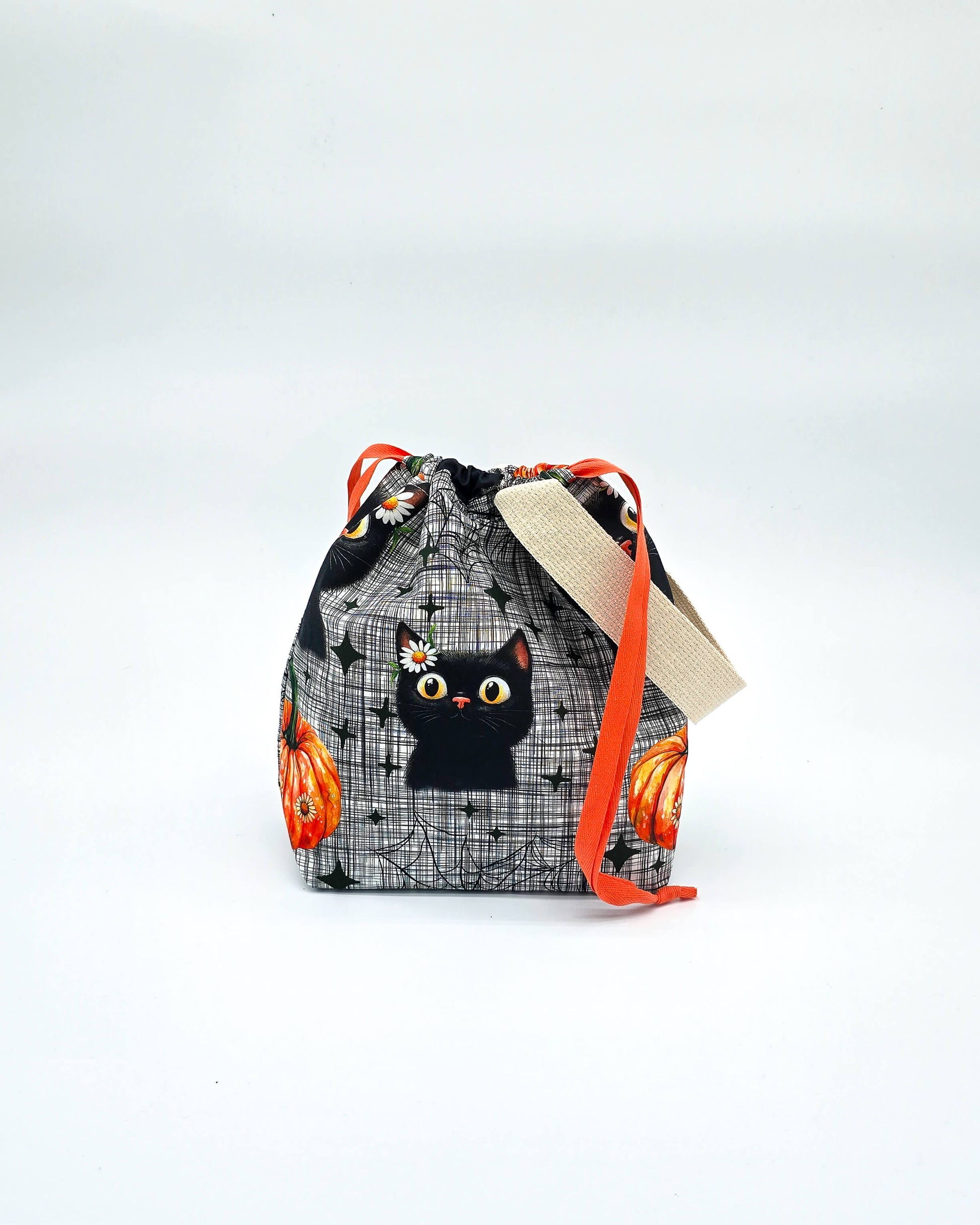 Projektbeutel Pumpkin Cat – mit Kordelzug und Henkel, handgenäht in Bayern von Nadelmikado