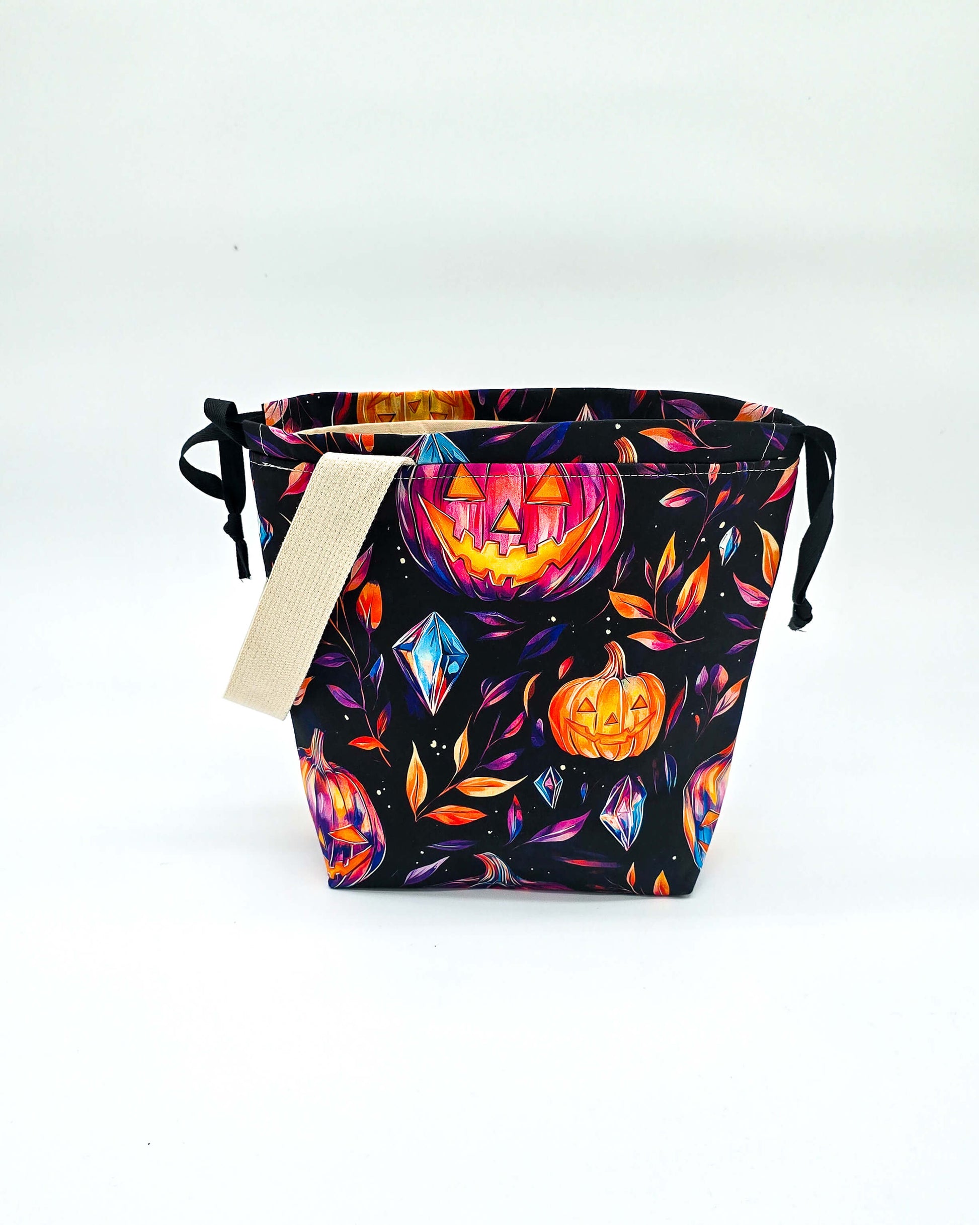 Projektbeutel Pumpkin Glow – mit Kordelzug und Henkel, handgenäht in Bayern von Nadelmikado