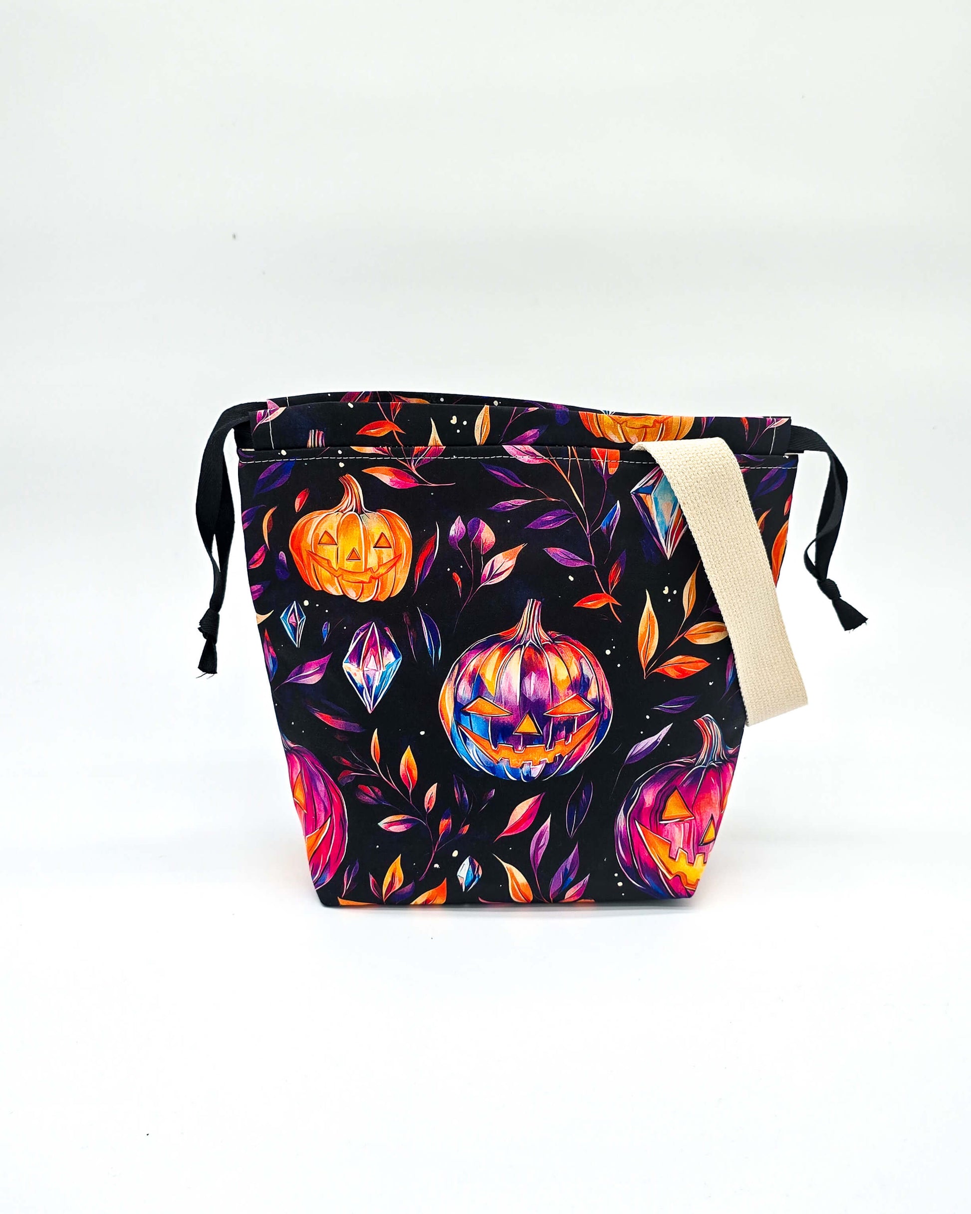 Projektbeutel Pumpkin Glow – mit Kordelzug und Henkel, handgenäht in Bayern von Nadelmikado