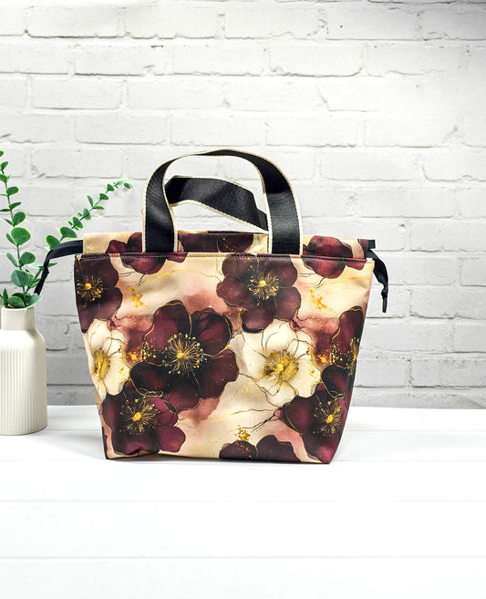 Projekttasche Alva M braun floral handgenäht Bayern von Nadelmikado