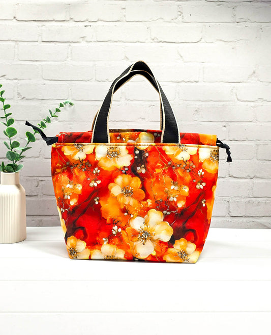 Projekttasche Alva M rot orange floral handgenäht Bayern von Nadelmikado