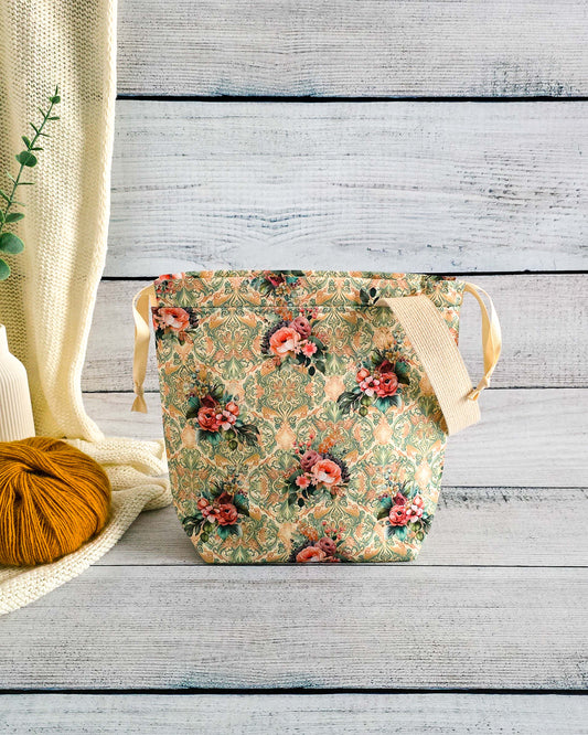 Stricktasche Vintage Tea Roses – Kordelzugtasche von Nadelmikado, handmade in Bayern